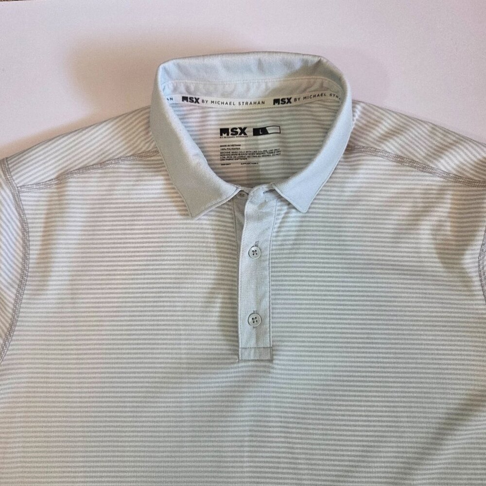MSX by Michael Strahan Gray & White Striped Men's Short Sleeve Polo, Size Large